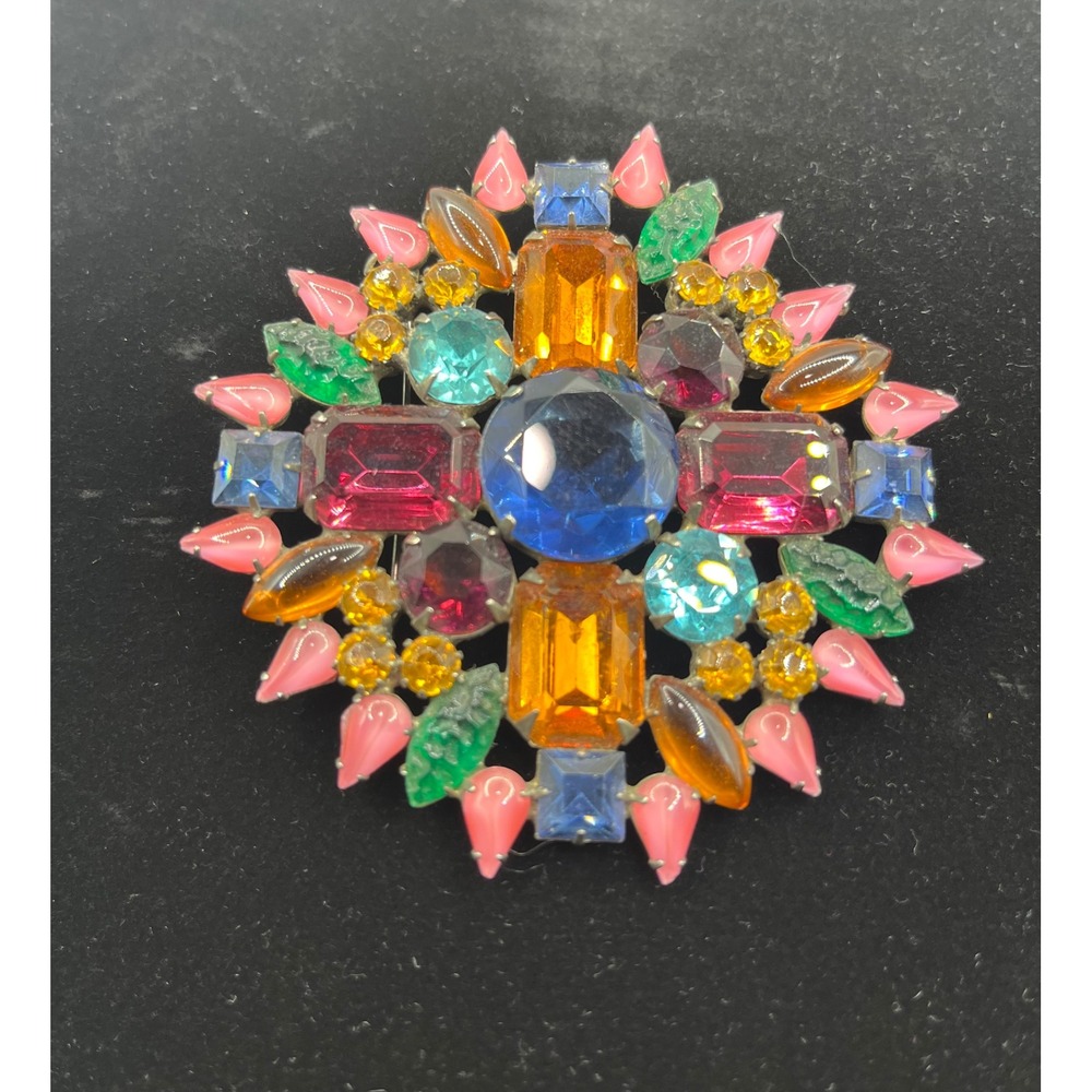 Vintage Albert Multi Color Rhinestone Floral Brooch Pin Statement‎ Jewelry